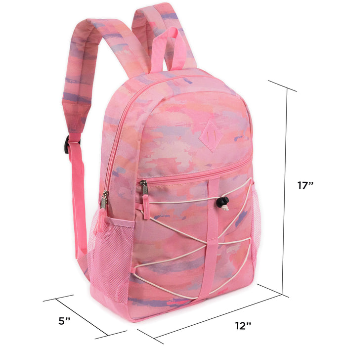 17" Wholesale Bungee Backpacks with Side Pockets in 6 Patterns - Bulk Case of 24 Bookbags