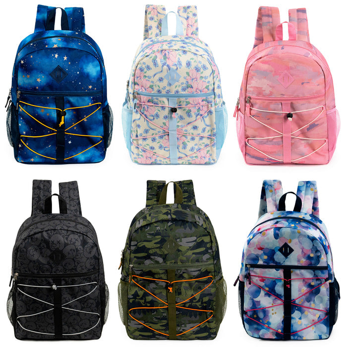 17" Wholesale Bungee Backpacks with Side Pockets in 6 Patterns - Bulk Case of 24 Bookbags