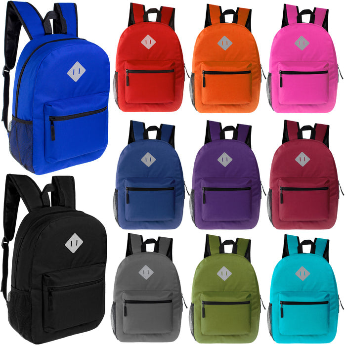 A collage showing eleven colors that are offered for a solid-colored backpack.