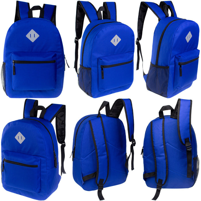 Six-view collage of a royal blue backpack. Features include a front zippered pocket, one mesh side pocket, and adjustable padded shoulder straps.