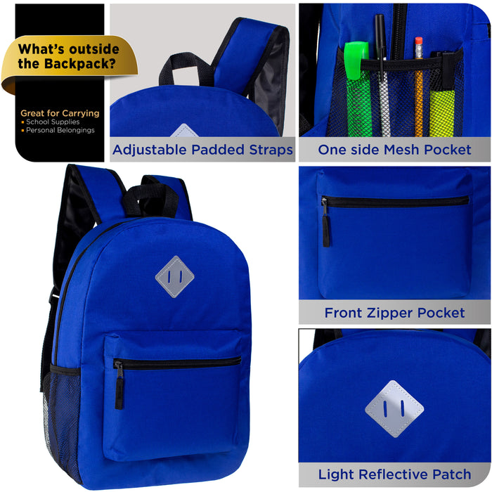 Graphic highlighting close-up images of a backpack's adjustable padded shoulder straps, mesh side pocket, front zippered pocket, and reflective diamond-shaped patch.