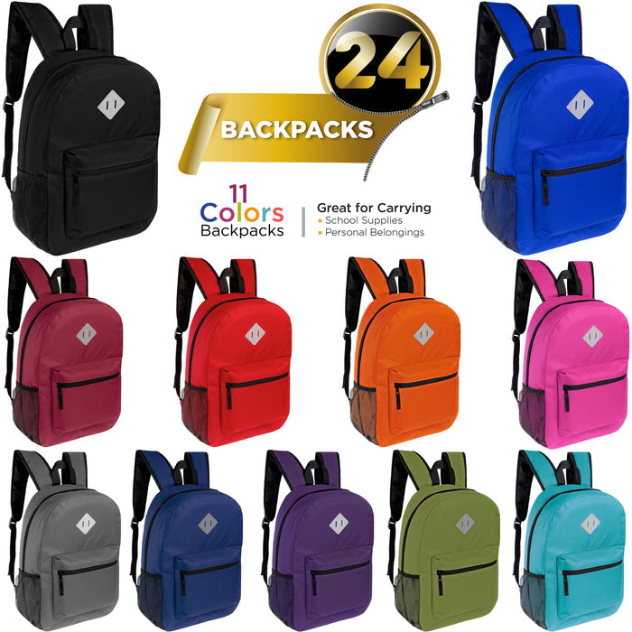 Graphic displaying a classic backpack available in 11 colors. Text highlights that they are great for carrying school supplies and personal belongings.