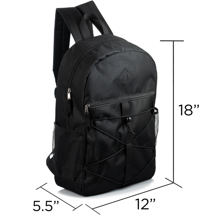 18" Wholesale Bungee Backpacks in Black with 2 Side Pockets - Bulk Case of 24 Bookbags
