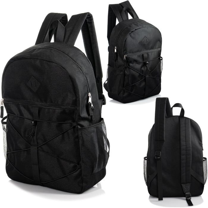18" Wholesale Bungee Backpacks in Black with 2 Side Pockets - Bulk Case of 24 Bookbags
