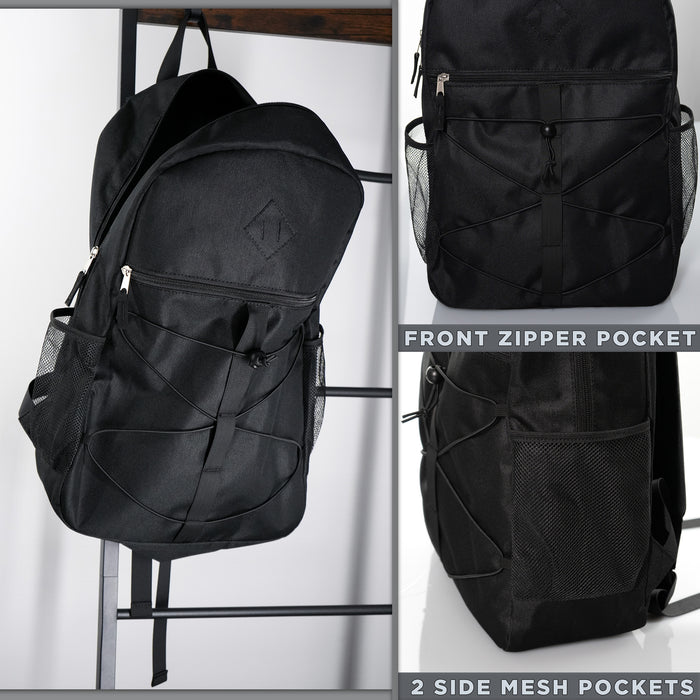 18" Wholesale Bungee Backpacks in Black with 2 Side Pockets - Bulk Case of 24 Bookbags