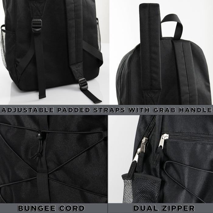 18" Wholesale Bungee Backpacks in Black with 2 Side Pockets - Bulk Case of 24 Bookbags