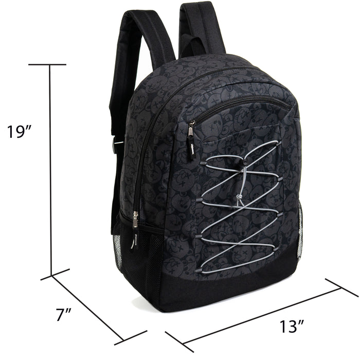 19" Deluxe Wholesale Bungee Backpacks | 6 Prints & Colors | 2 Mesh Side Pockets - Bulk Case of 24