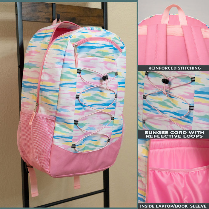 19" Deluxe Wholesale Bungee Backpacks | 6 Prints & Colors | 2 Mesh Side Pockets - Bulk Case of 24