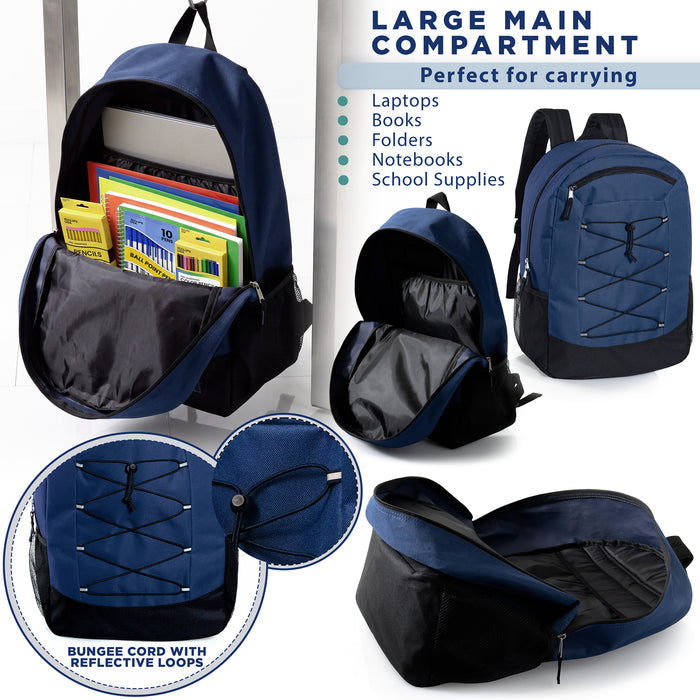 19" Deluxe Wholesale Bungee Backpacks in 6 Colors | Dual Mesh Side Pockets - Bulk Case of 24 Bookbags