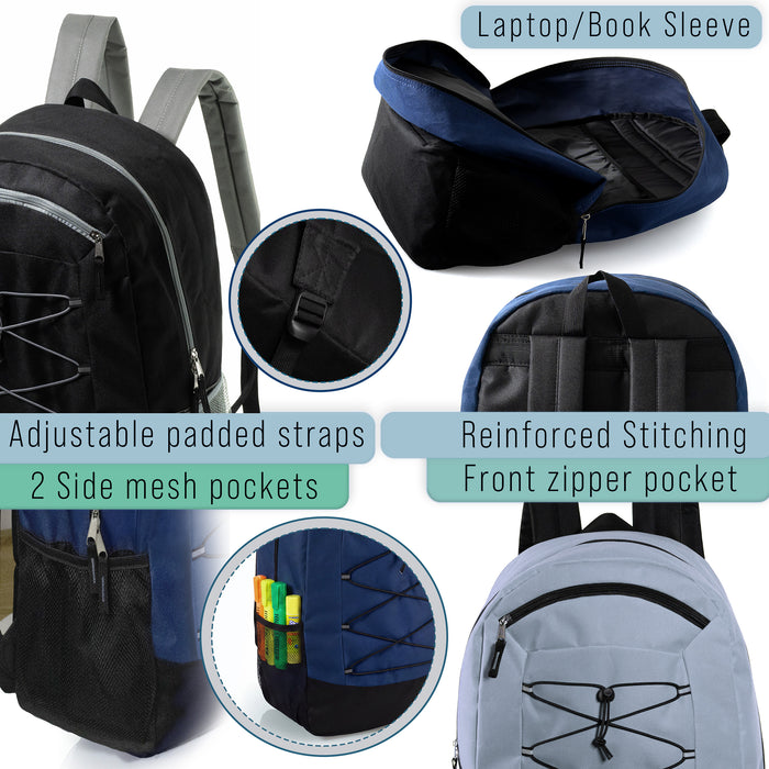 19" Deluxe Wholesale Bungee Backpacks in 6 Colors | Dual Mesh Side Pockets - Bulk Case of 24 Bookbags