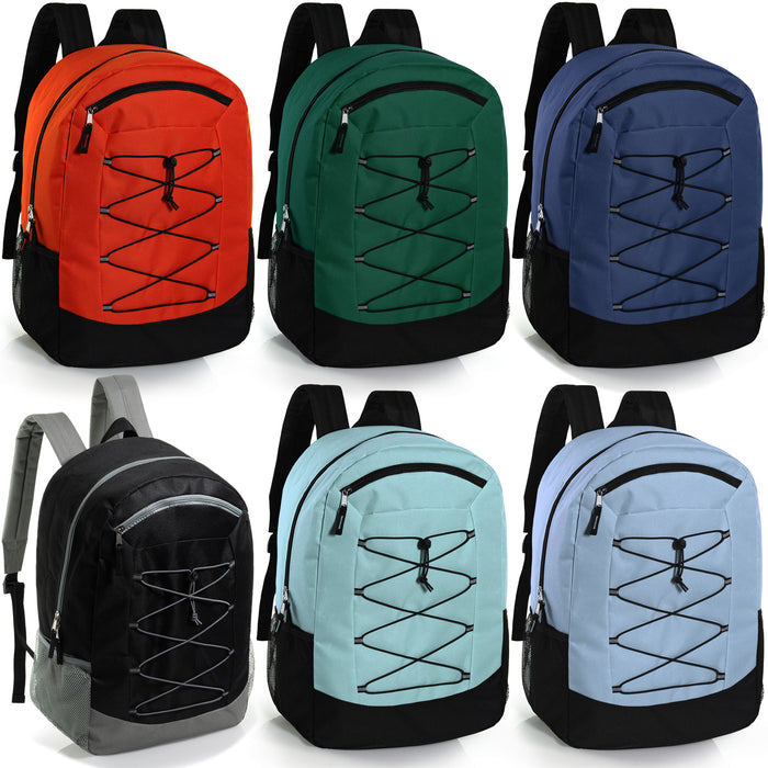 19" Deluxe Wholesale Bungee Backpacks in 6 Colors | Dual Mesh Side Pockets - Bulk Case of 24 Bookbags