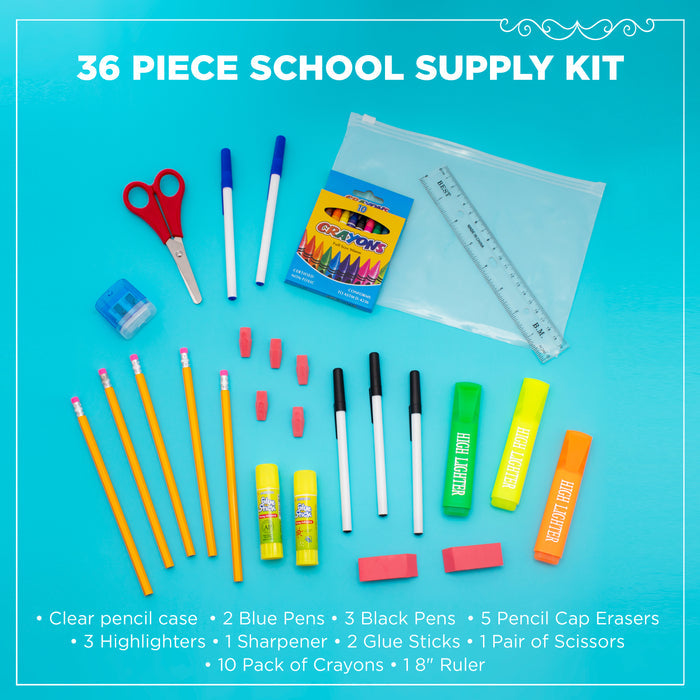 36 Piece Wholesale School Supply Kits for Students - Bulk Case of 48 Kits
