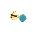 Gold PVD plated flat back stud with a prong-set turquoise-colored CZ on a white background.