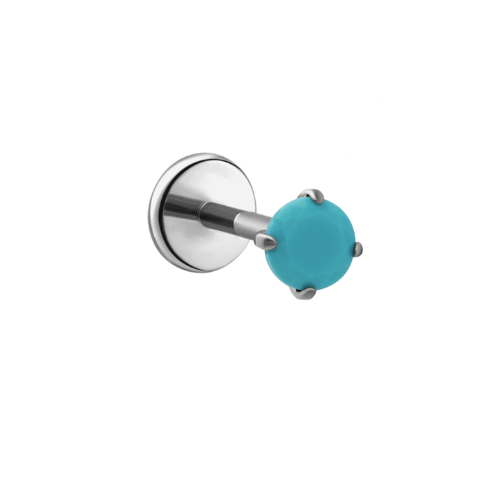 Polished titanium flat back stud with a prong-set turquoise-colored CZ on a white background.