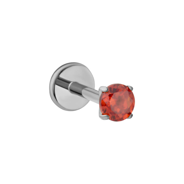 A silver-toned labret piercing stud featuring a round-cut dark orange gemstone in a four-prong setting, shown against a plain white background.