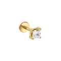 A single gold flat back labret stud earring featuring a clear, square-cut CZ stone in a prong setting, shown against a solid white background.