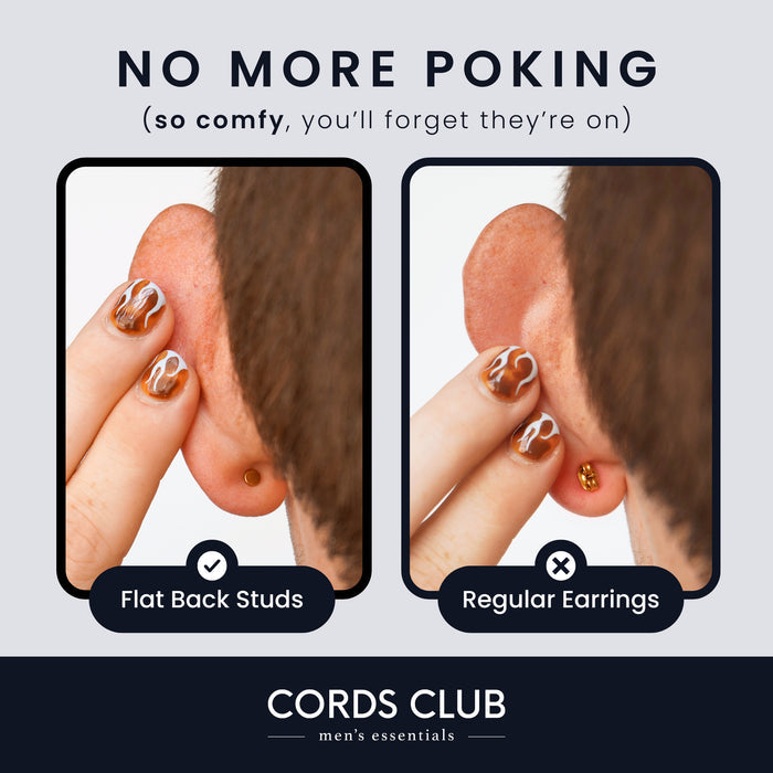 Graphic for Cords Club men's essentials showing two close-up ear comparison photos. The left photo shows a flat back stud in place of regular earrings, labeled 'Flat Back Studs,' and the right photo shows a regular, butterfly-back earring causing discomfort, labeled 'Regular Earrings.