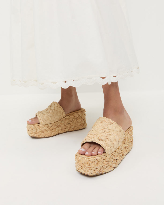 Aaron Natural Braided Straw Mule in natural raffia and Alison Camisole Dress in white cotton.