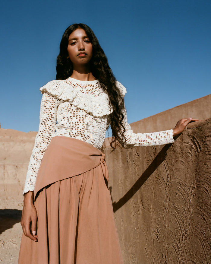 Abigail Top in hand crocheted cream cotton and Peyton Skirt in light brown  cotton.