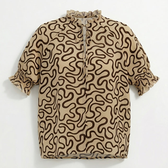 Abstract Print Blouse With Tie Neck
