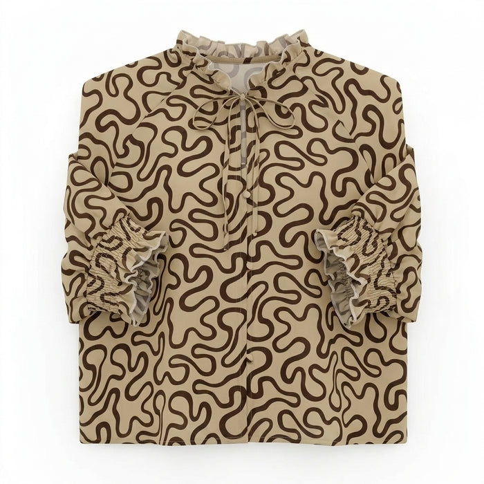 Abstract Print Blouse With Tie Neck