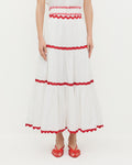 Aimee Skirt in white cotton with red accents and Devon Red Moiré Slingback Sandal.