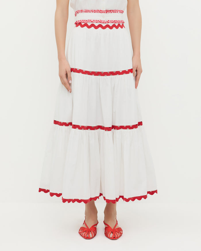 Aimee Skirt in white cotton with red accents and Devon Red Moiré Slingback Sandal.