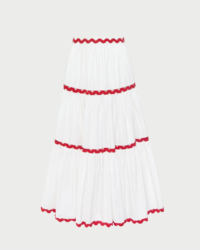 Aimee Skirt in white cotton with red accents.