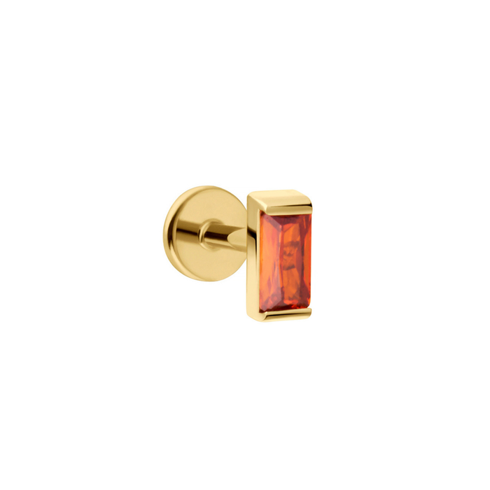 Gold flat back stud with a bezel-set orange CZ on a white background