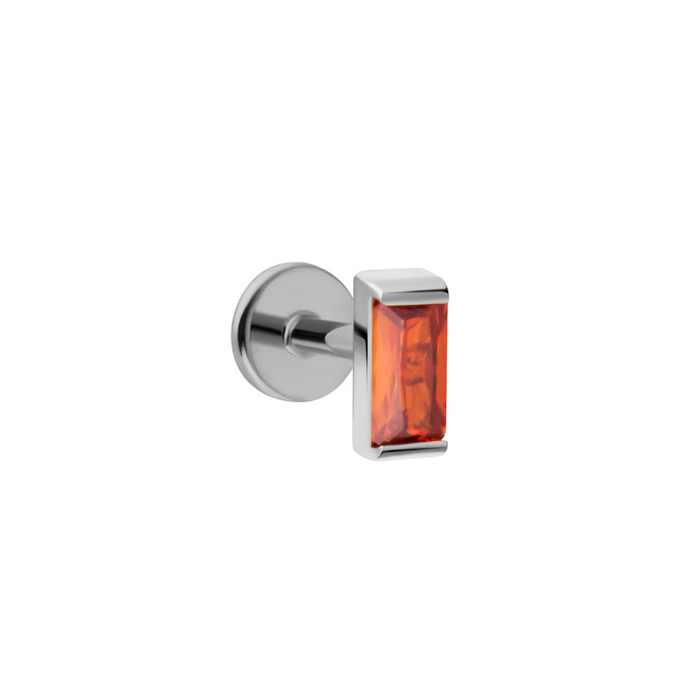 Titanium silver flat back stud with a bezel-set orange CZ on a white background