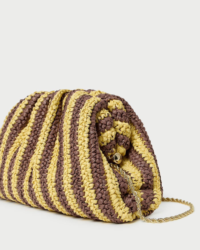 Bailey Brown/Butter Stripe Dome Clutch in brown and butter striped raffia.