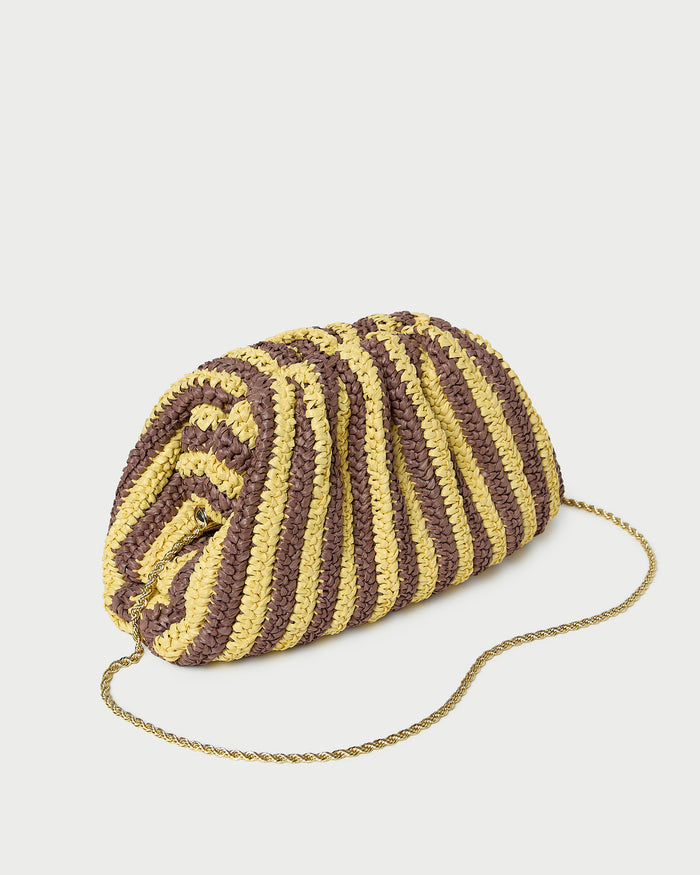 Bailey Brown/Butter Stripe Dome Clutch in brown and butter striped raffia.