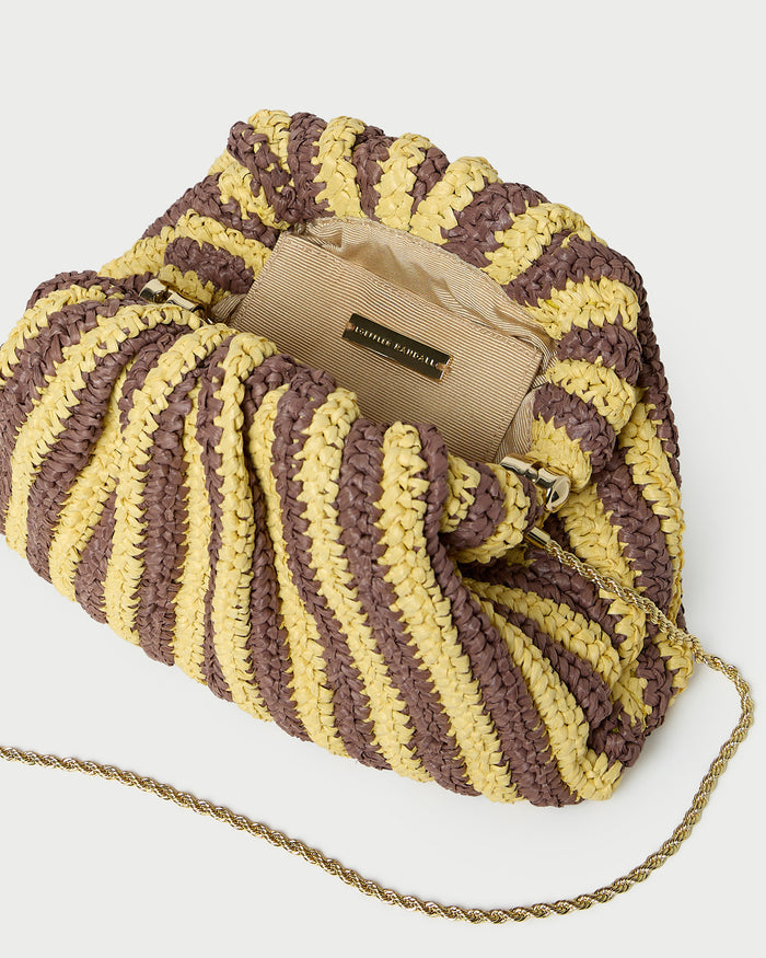 Bailey Brown/Butter Stripe Dome Clutch in brown and butter striped raffia.