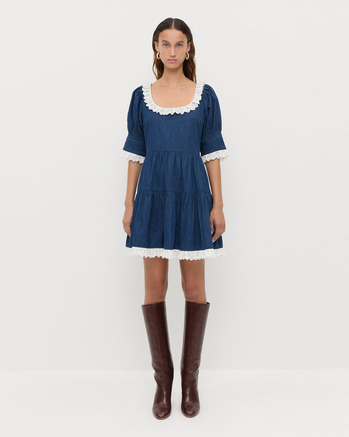 Bambi Dress in dark blue denim and white lace trim and Goldy Espresso Leather Tall Boot.