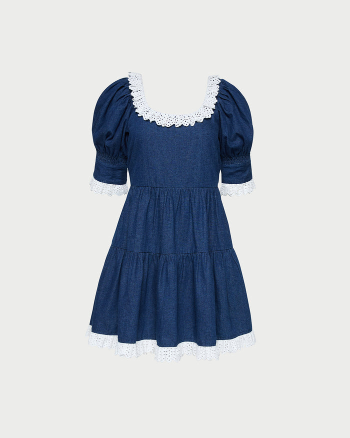 Bambi Dress in dark blue denim and white lace trim.