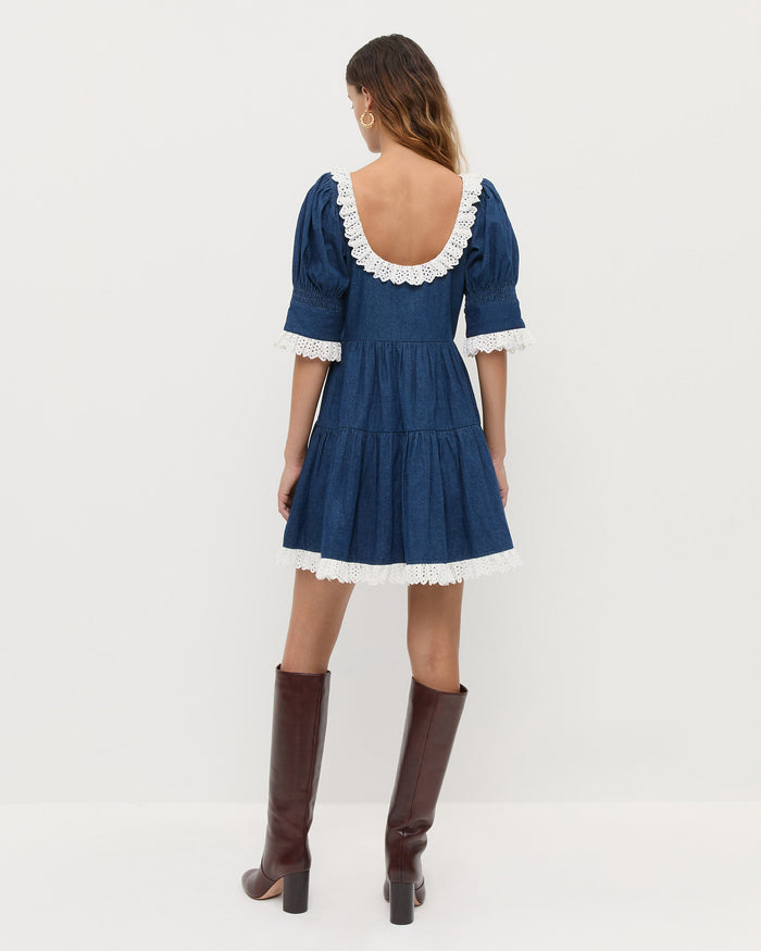 Bambi Dress in dark blue denim and white lace trim and Goldy Espresso Leather Tall Boot.