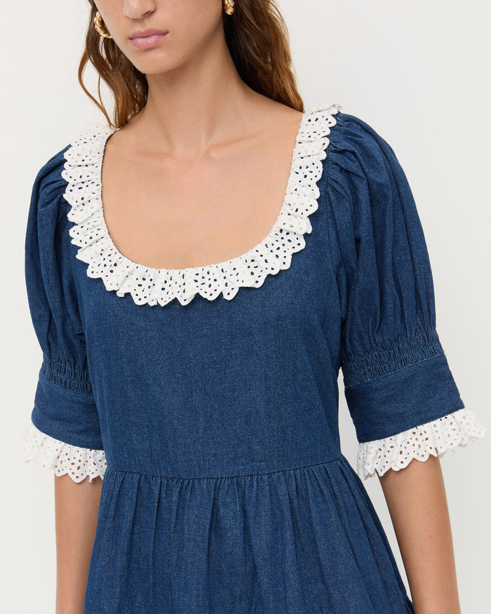 Bambi Dress in dark blue denim and white lace trim.