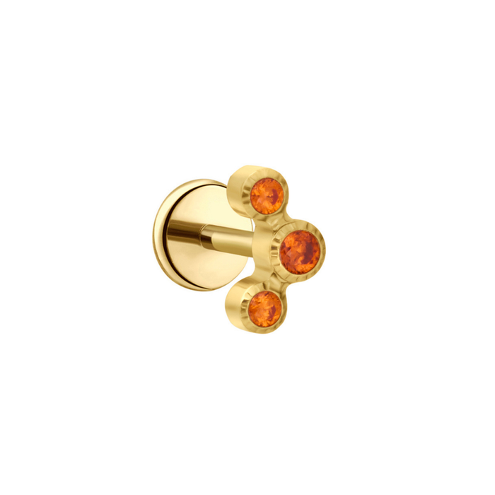 Gold curved flat back stud earring with three round orange gemstones on a white background