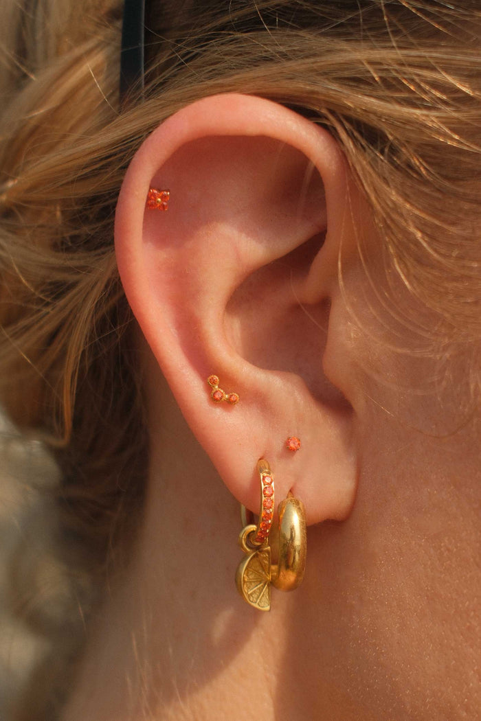 Close-up of an ear with gold earrings and small orange studs against a blurred natural background