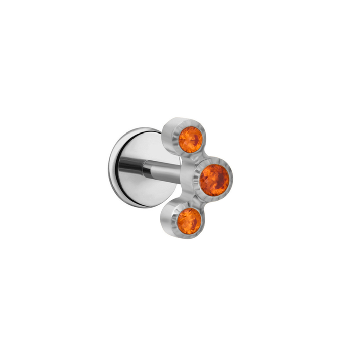 Silver titanium curved flat back stud earring with three round orange gemstones on a white background