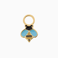 A close up of a bumblebee shaped hoop charm with yellow and black enamel and gold-plated titanium metal on a white background