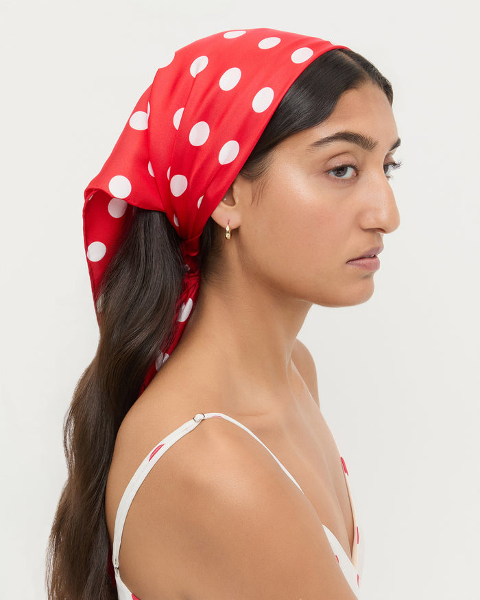 Beverly Red/White Silk Scarf in polka dot silk.