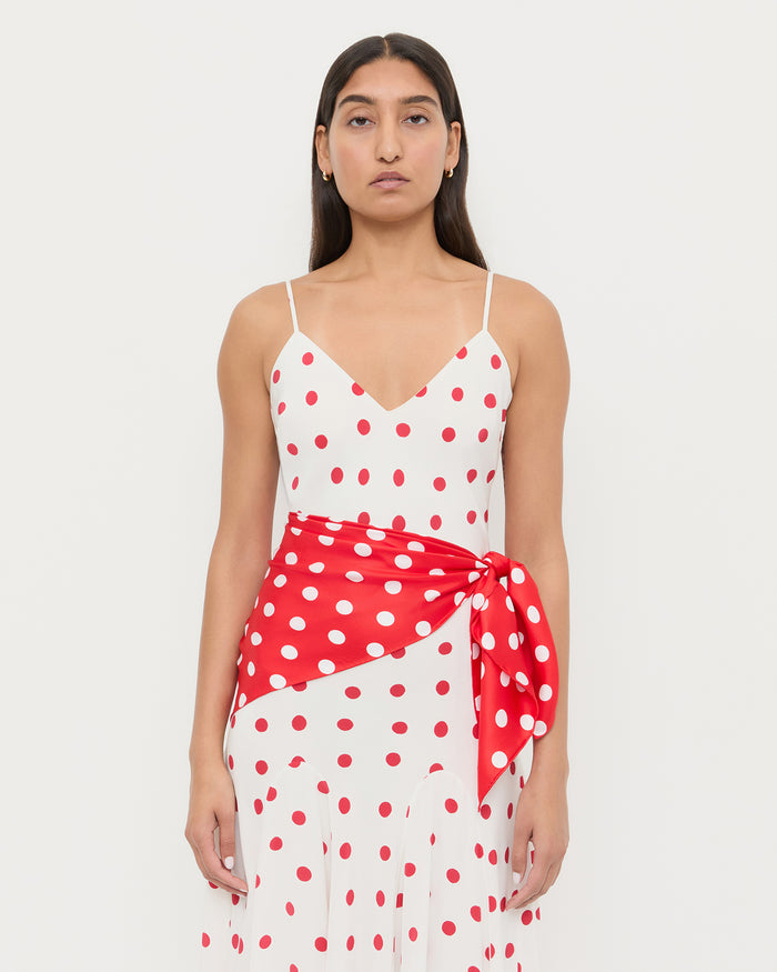 Beverly Red/White Silk Scarf in polka dot silk and Nissa Dress in white and red polka dot silk.