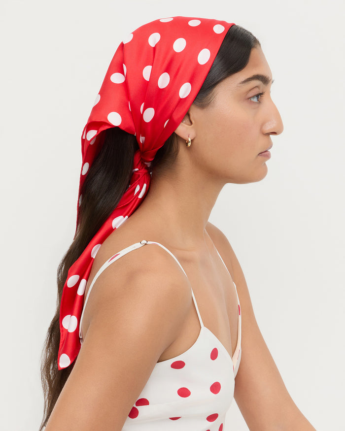 Beverly Red/White Silk Scarf in polka dot silk and Nissa Dress in white and red polka dot silk.