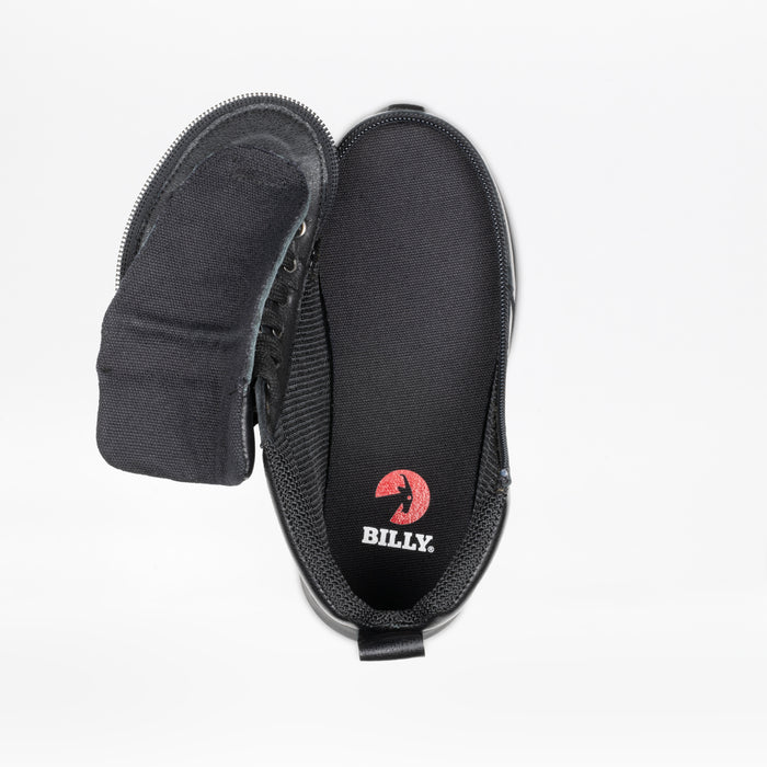 The Black Leather BILLY Goat Classic High by BILLY Footwear is a kids’ wide-width, AFO-friendly orthotic shoe in black with a side zipper, shown opened wide from above to reveal the red BILLY logo on the insole against a white background.