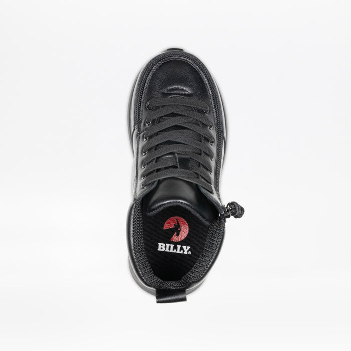 Top view of the Black Leather BILLY Goat Classic High kids shoe by BILLY Footwear, featuring black laces, a rounded toe, and the red BILLY logo on the insole. AFO-friendly. Photographed on a white background.