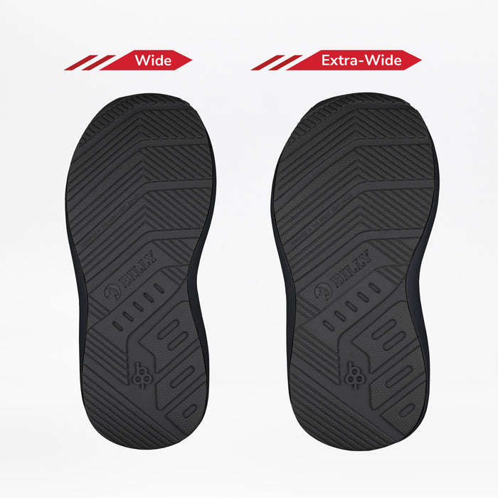 Two black soles from the BILLY Goat Classic High by BILLY Footwear are side by side on a white background. Labeled Wide and Extra-Wide, they illustrate width options for kids’ orthotic or AFO-friendly shoe needs.