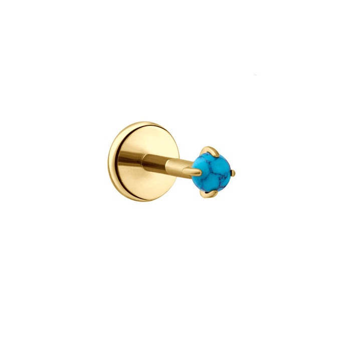 Gold flat back stud earring with a prong-set, blue faux turquoise stone on a white background
