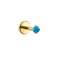 Gold flat back stud earring with a prong-set, blue faux turquoise stone on a white background