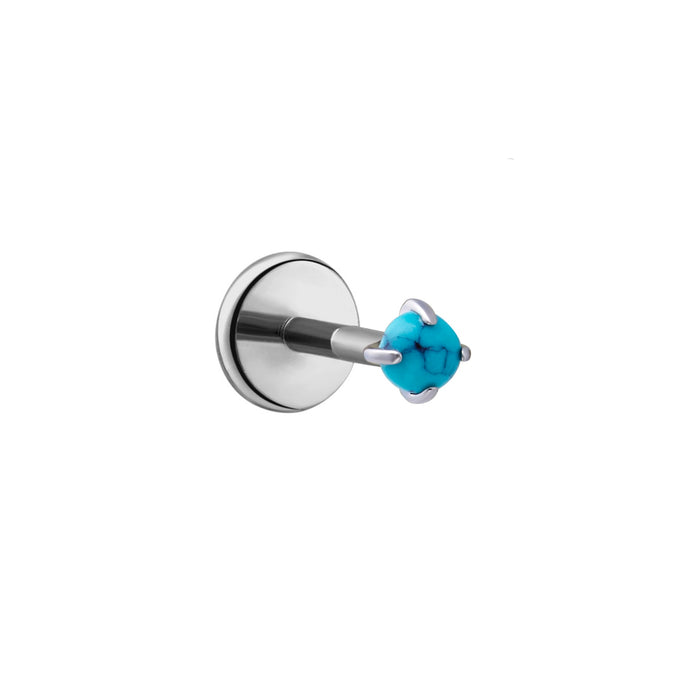 Silver titanium flat back stud earring with a prong-set, blue faux turquoise stone on a white background